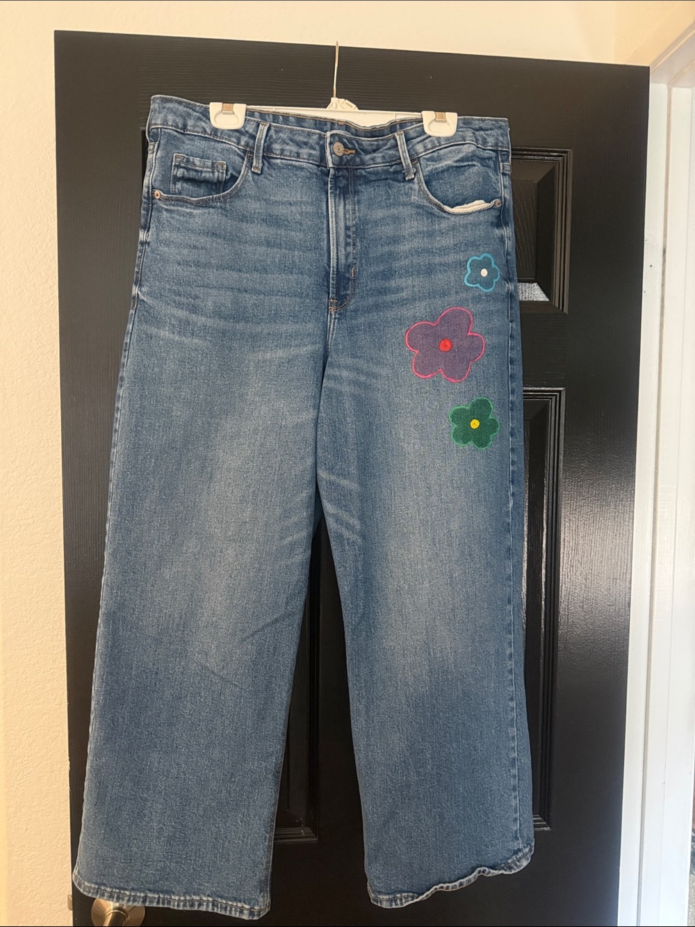 Old Navy Blue Flare Jeans with Colorful Flower Appliqués